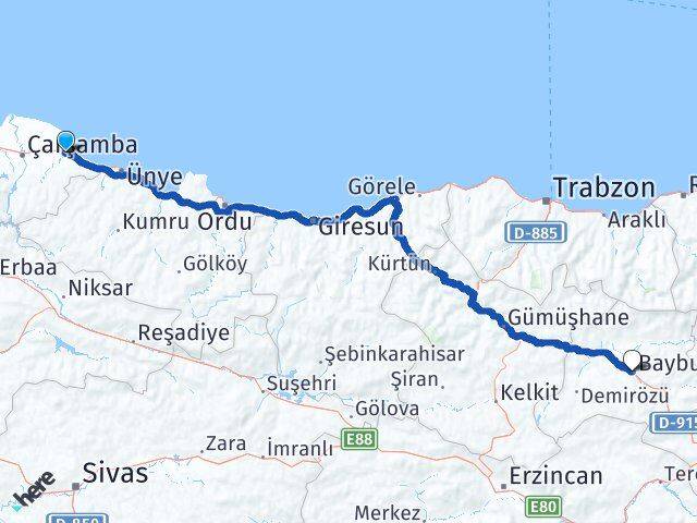 Samsun Terme Bayburt Arası Kaç Km - Yol Haritası
