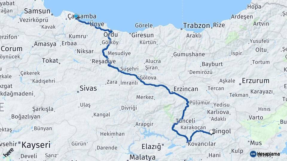 Samsun Terme Bingöl Arası Kaç Km - Yol Haritası
