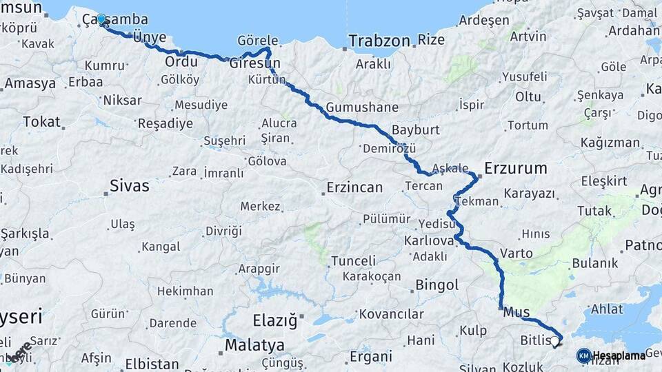 Samsun Terme Bitlis Arası Kaç Km - Yol Haritası