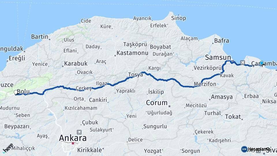 Samsun Terme Bolu Arası Kaç Km - Yol Haritası