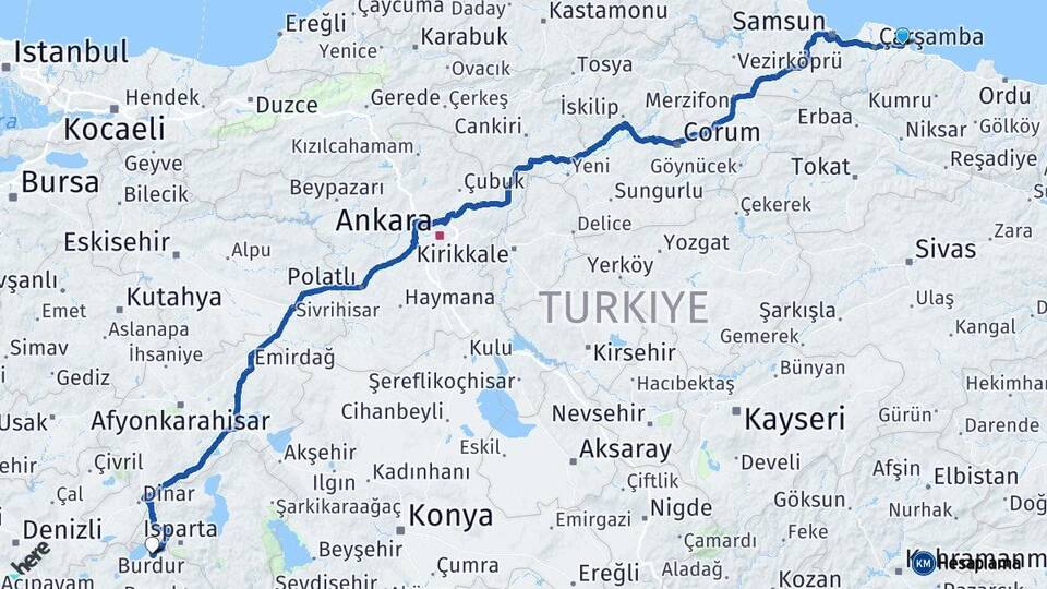 Samsun Terme Burdur Arası Kaç Km - Yol Haritası