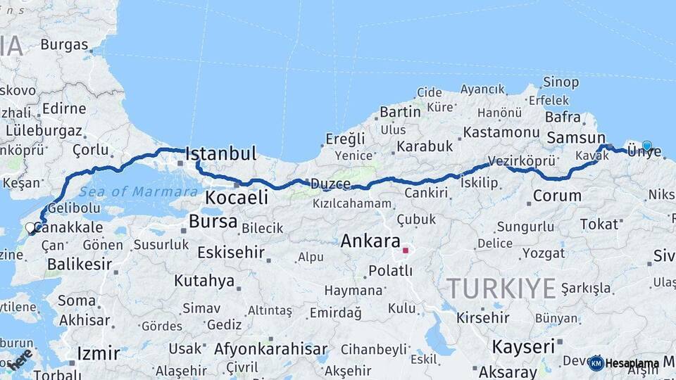 Samsun Terme Çanakkale Arası Kaç Km - Yol Haritası