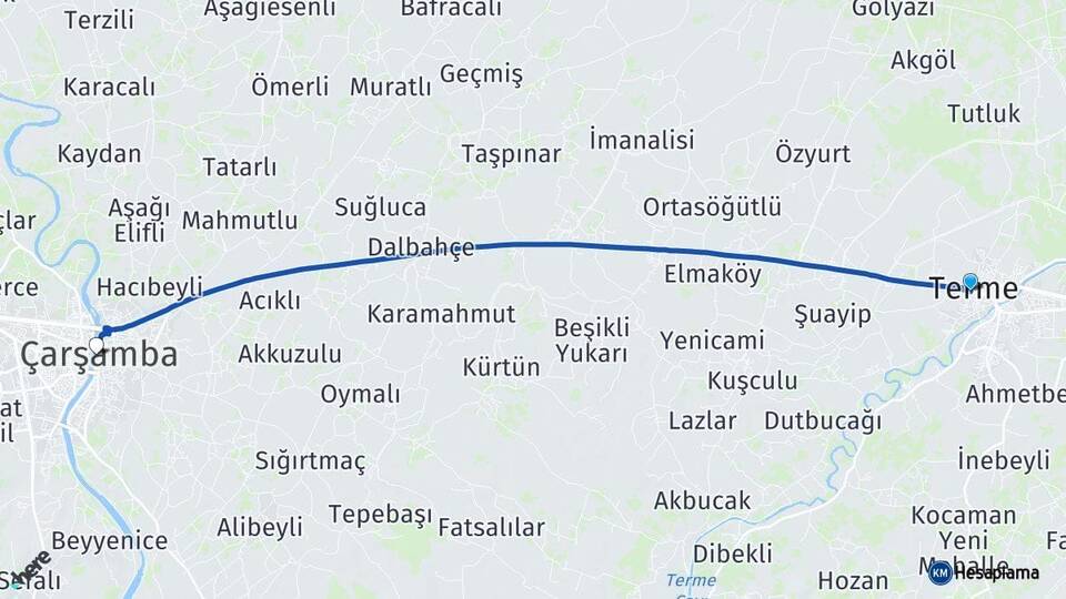 Samsun Terme Çarşamba Arası Kaç Km - Yol Haritası