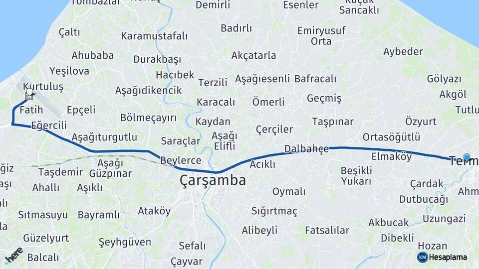 Terme Çarşamba Havalimanı Arası Kaç Km - Yol Tarifi