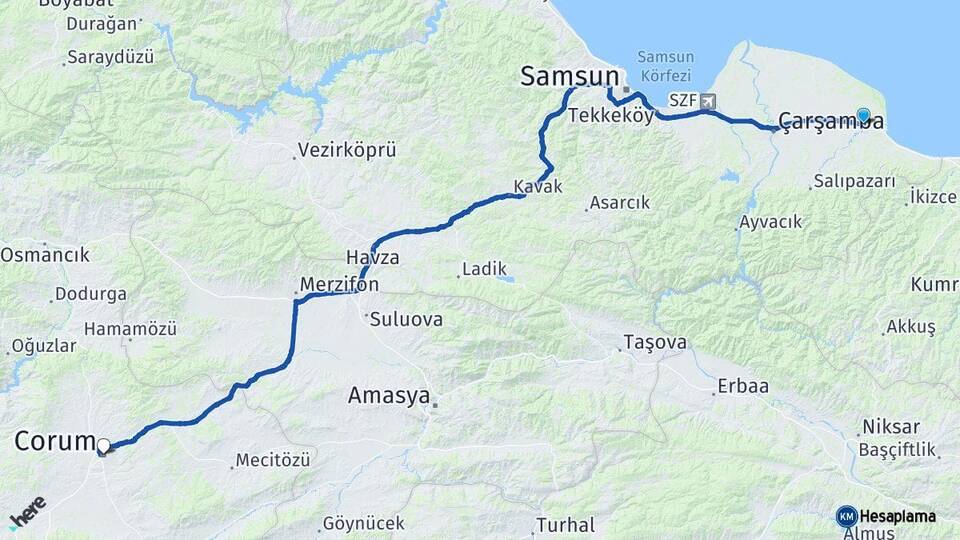 Samsun Terme Çorum Arası Kaç Km - Yol Haritası