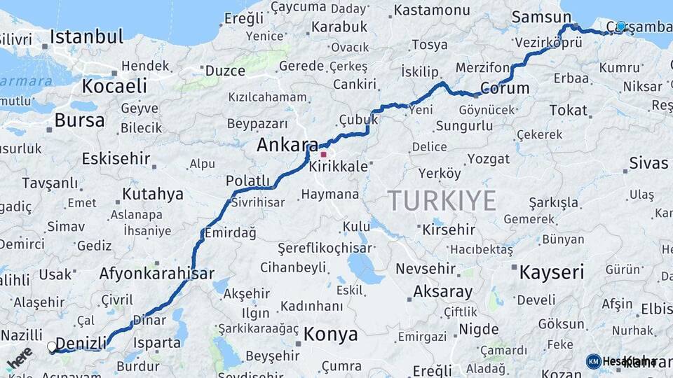 Samsun Terme Denizli Arası Kaç Km - Yol Haritası