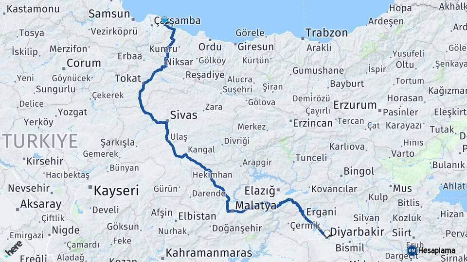 Samsun Terme Diyarbakır Arası Kaç Km - Yol Haritası