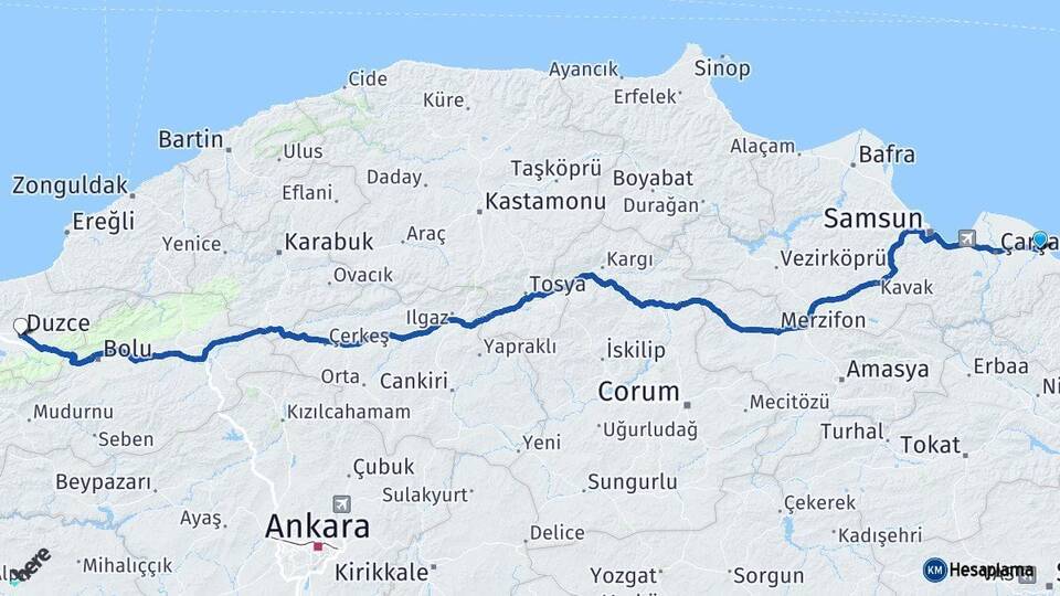 Samsun Terme Düzce Arası Kaç Km - Yol Haritası