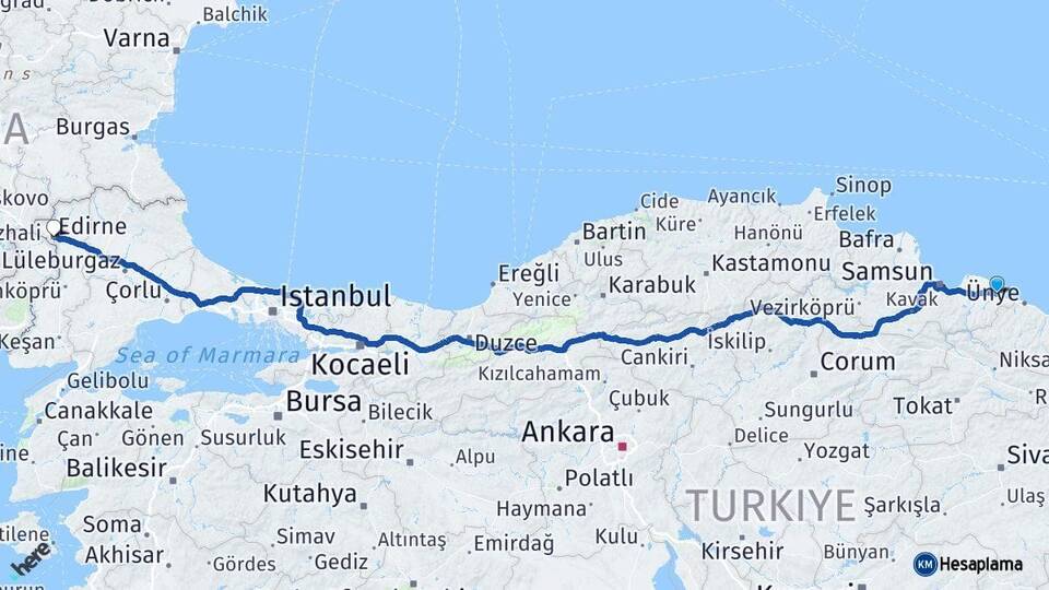 Samsun Terme Edirne Arası Kaç Km - Yol Haritası