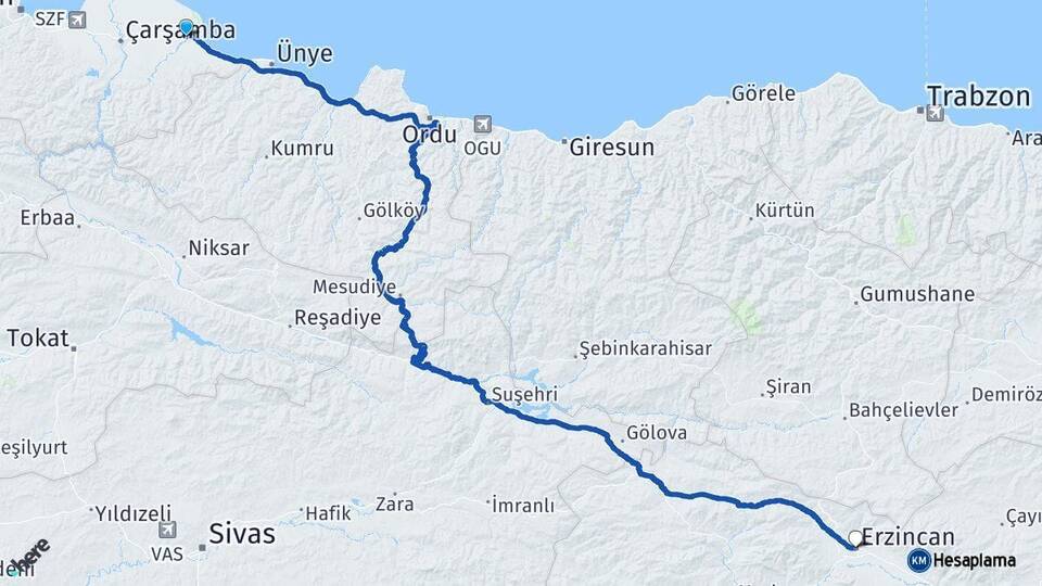 Samsun Terme Erzincan Arası Kaç Km - Yol Haritası