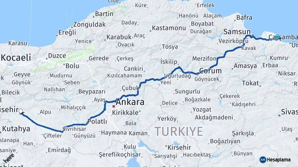 Samsun Terme Eskişehir Arası Kaç Km - Yol Haritası