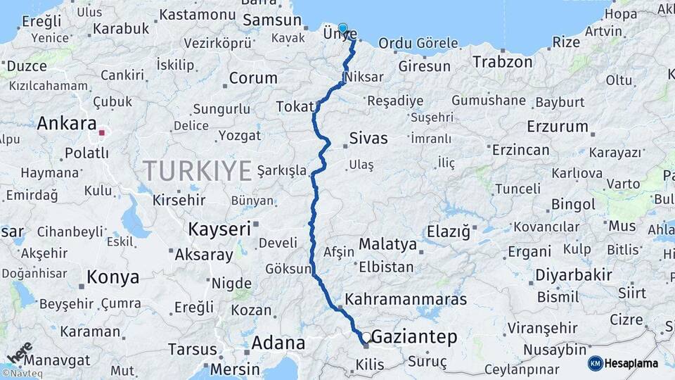 Samsun Terme Gaziantep Arası Kaç Km - Yol Haritası