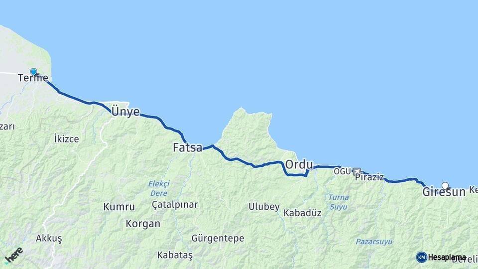 Samsun Terme Giresun Arası Kaç Km - Yol Haritası