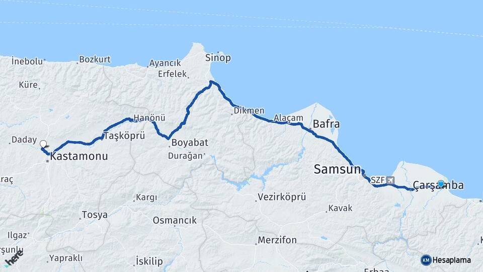 Samsun Terme Gölköy Kastamonu Arası Kaç Km - Yol Haritası