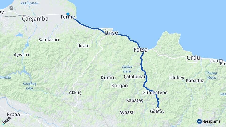 Samsun Terme Gölköy Ordu Arası Kaç Km - Yol Haritası