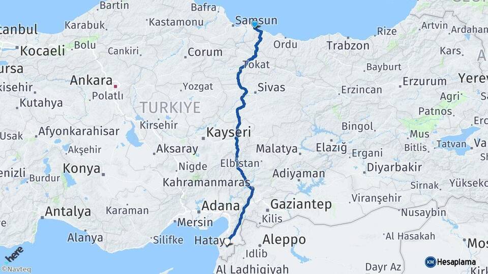 Samsun Terme Hatay Arası Kaç Km - Yol Haritası