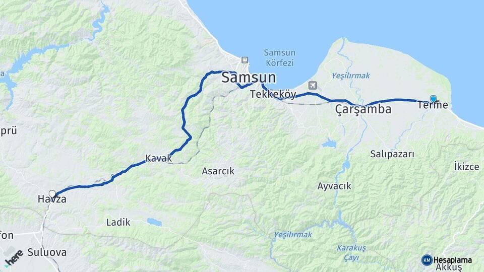 Samsun Terme Havza Arası Kaç Km - Yol Haritası