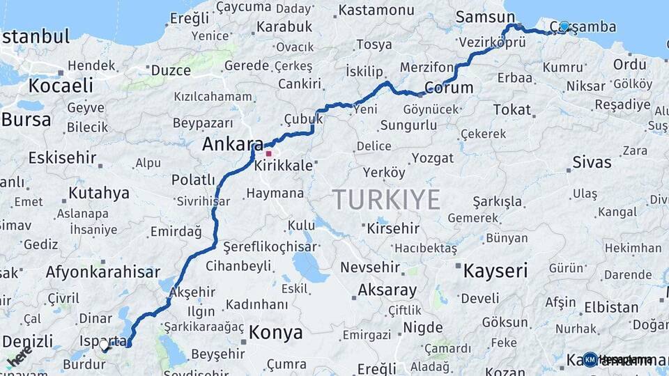 Samsun Terme Isparta Arası Kaç Km - Yol Haritası