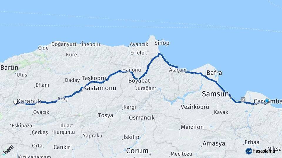 Samsun Terme Karabük Arası Kaç Km - Yol Haritası