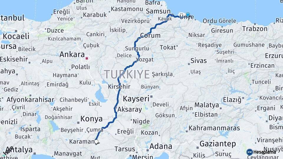 Samsun Terme Karaman Arası Kaç Km - Yol Haritası