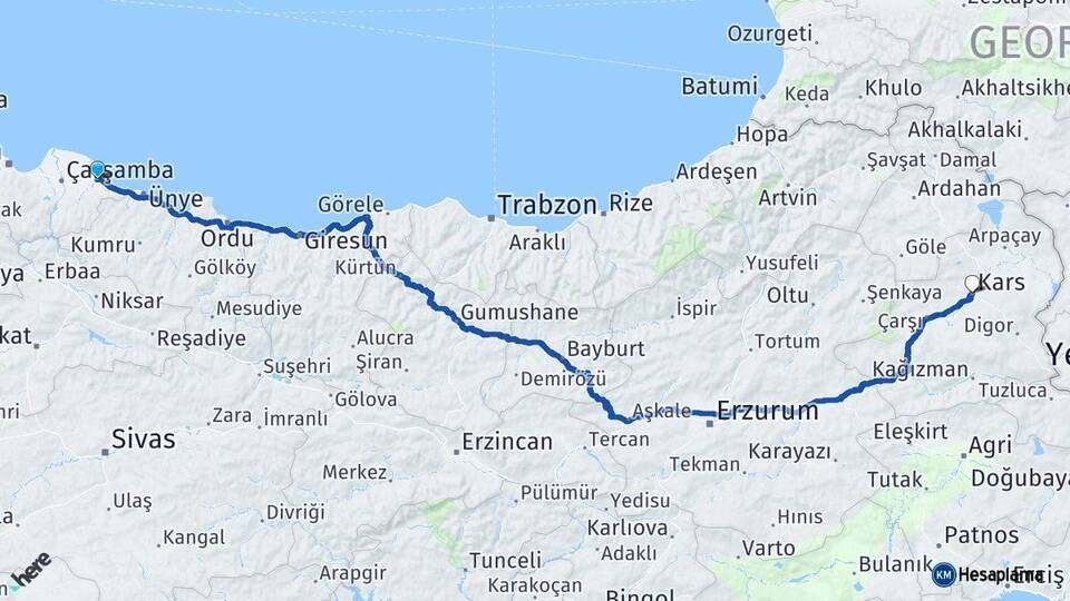 Samsun Terme Kars Arası Kaç Km - Yol Haritası