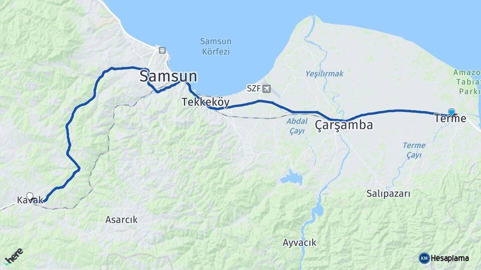 Samsun Terme Kavak Arası Kaç Km - Yol Haritası