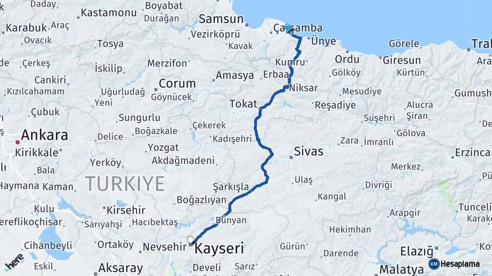 Samsun Terme Kayseri Arası Kaç Km - Yol Haritası