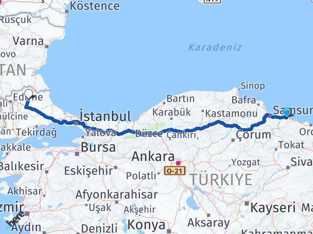 Samsun Terme Kırklareli Arası Kaç Km - Yol Haritası