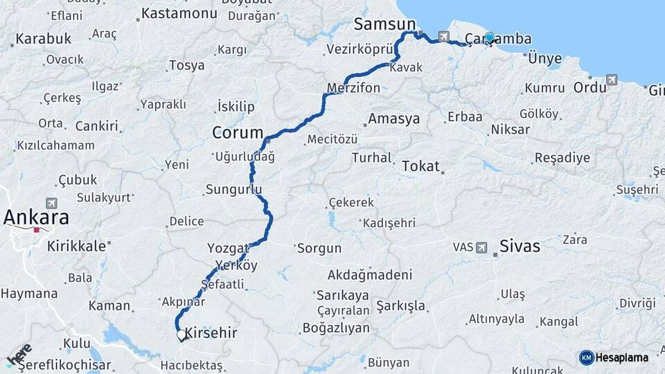 Samsun Terme Kırşehir Arası Kaç Km - Yol Haritası