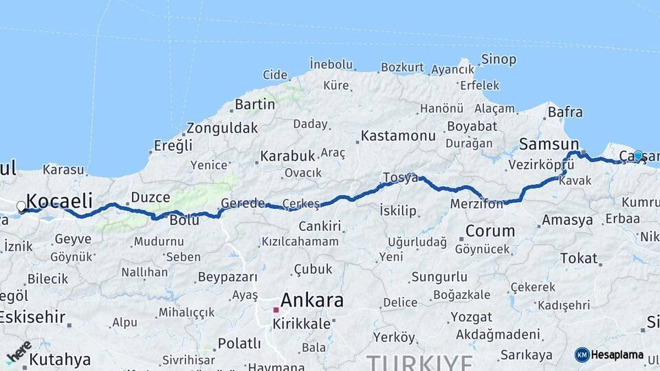 Samsun Terme Kocaeli Arası Kaç Km - Yol Haritası