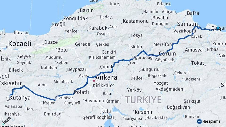 Samsun Terme Kütahya Arası Kaç Km - Yol Haritası