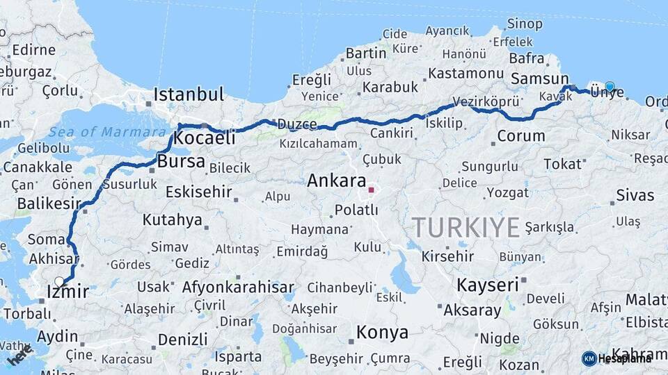 Samsun Terme Manisa Arası Kaç Km - Yol Haritası