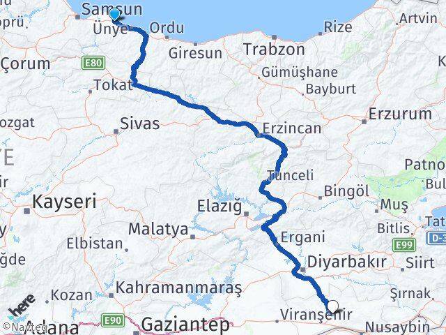 Samsun Terme Mardin Arası Kaç Km - Yol Haritası