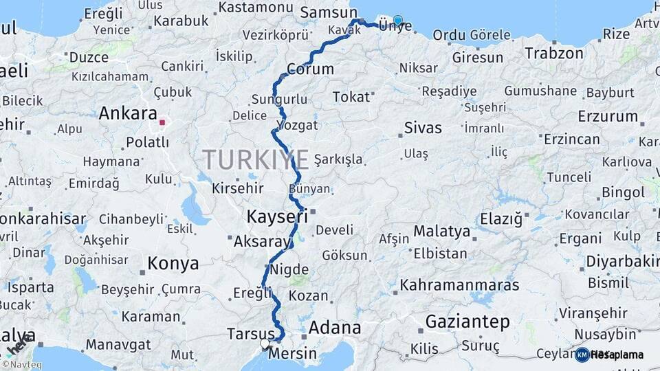 Samsun Terme Mersin Arası Kaç Km - Yol Haritası