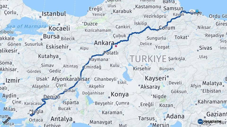 Samsun Terme Muğla Arası Kaç Km - Yol Haritası