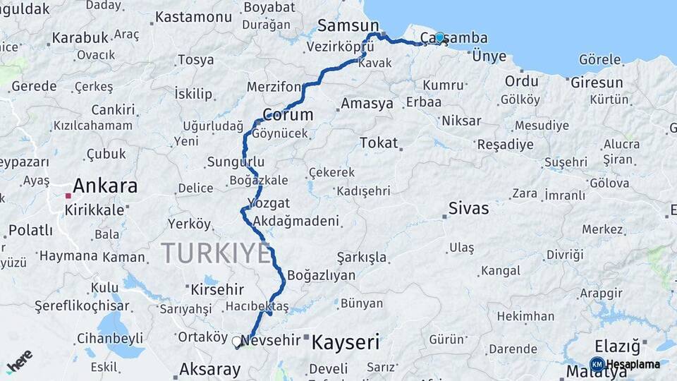 Samsun Terme Nevşehir Arası Kaç Km - Yol Haritası