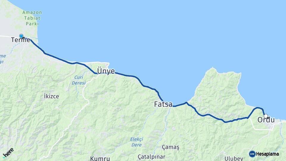 Samsun Terme Ordu Arası Kaç Km - Yol Haritası