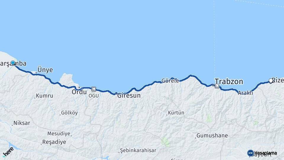 Samsun Terme Rize Arası Kaç Km - Yol Haritası