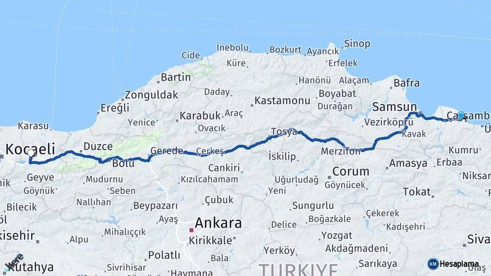 Samsun Terme Sakarya Arası Kaç Km - Yol Haritası