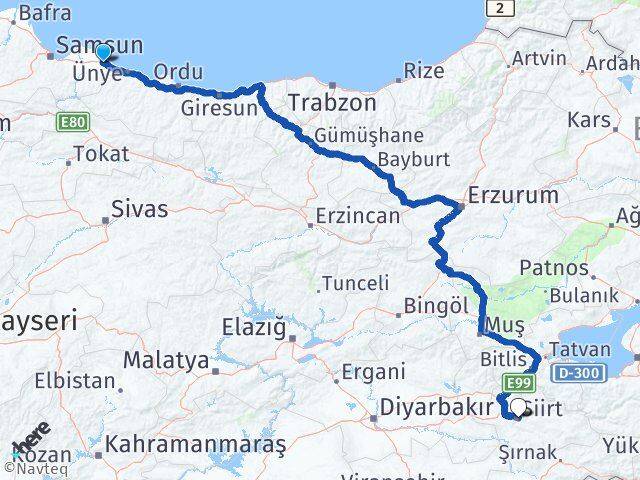 Samsun Terme Siirt Arası Kaç Km - Yol Haritası