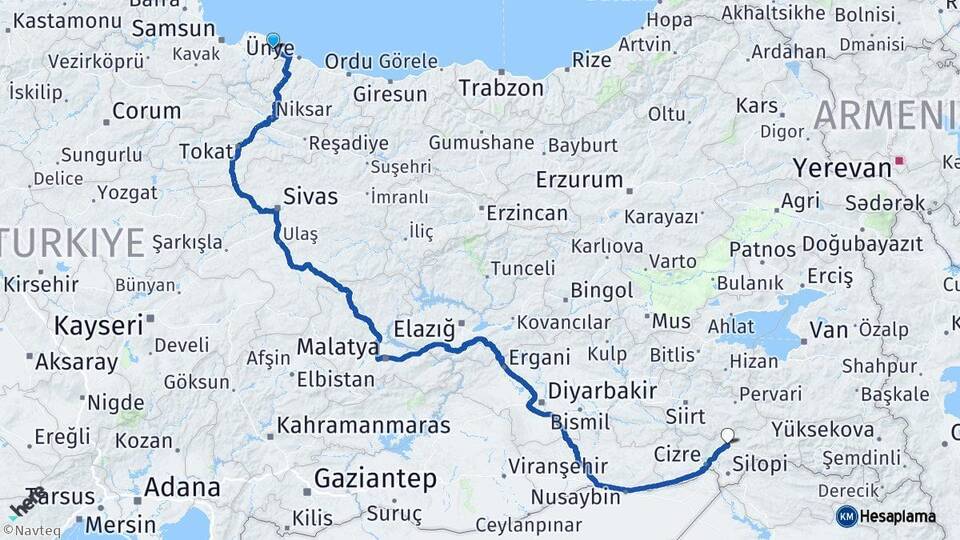 Samsun Terme Şırnak Arası Kaç Km - Yol Haritası