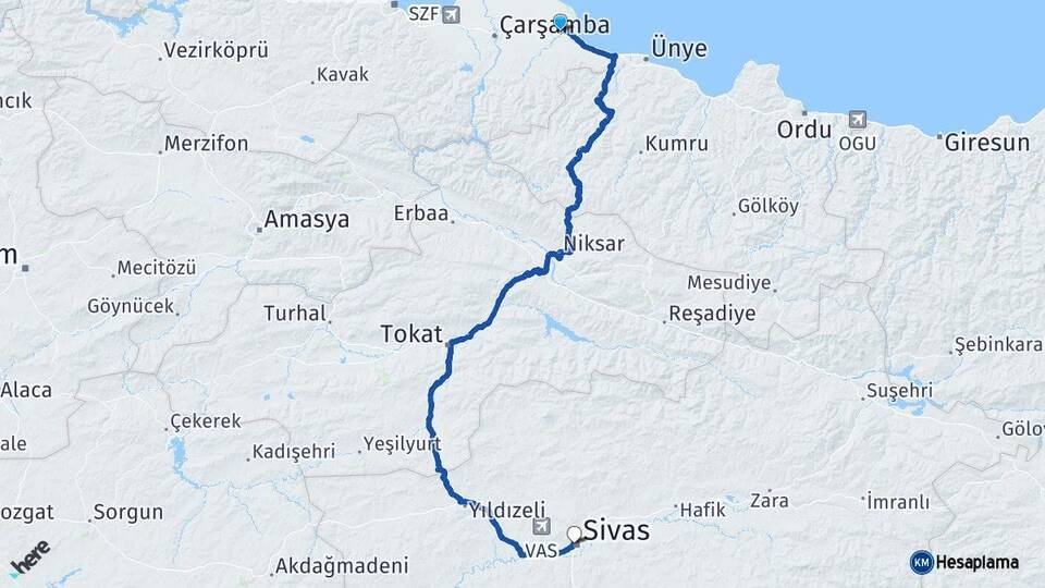 Samsun Terme Sivas Arası Kaç Km - Yol Haritası