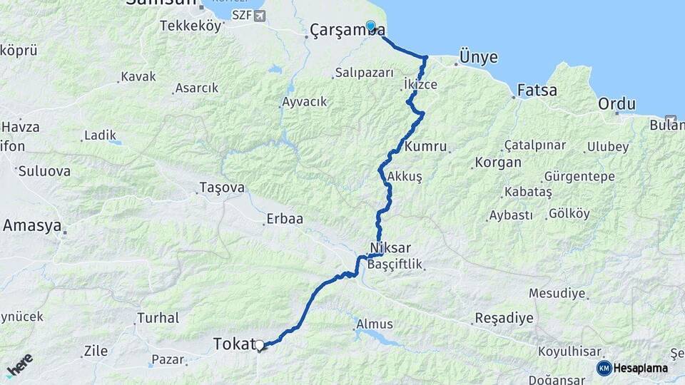 Samsun Terme Tokat Arası Kaç Km - Yol Haritası