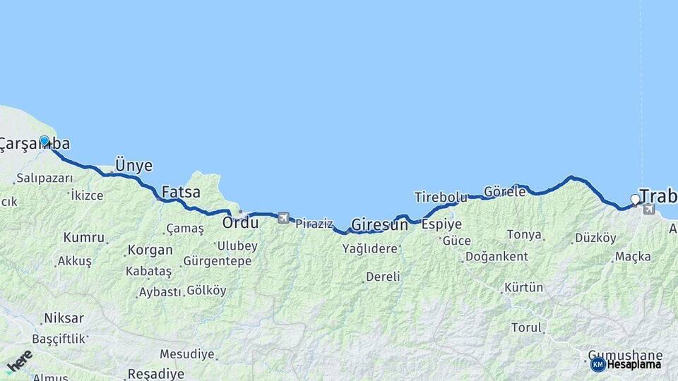 Samsun Terme Trabzon Arası Kaç Km - Yol Haritası