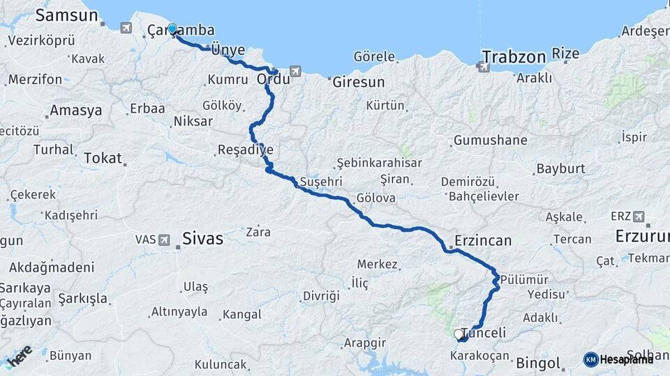 Samsun Terme Tunceli Arası Kaç Km - Yol Haritası