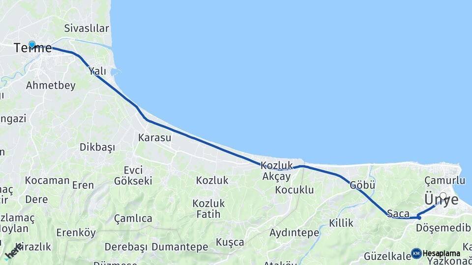 Samsun Terme Ünye Ordu Arası Kaç Km - Yol Haritası