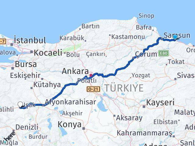 Samsun Terme Uşak Arası Kaç Km - Yol Haritası