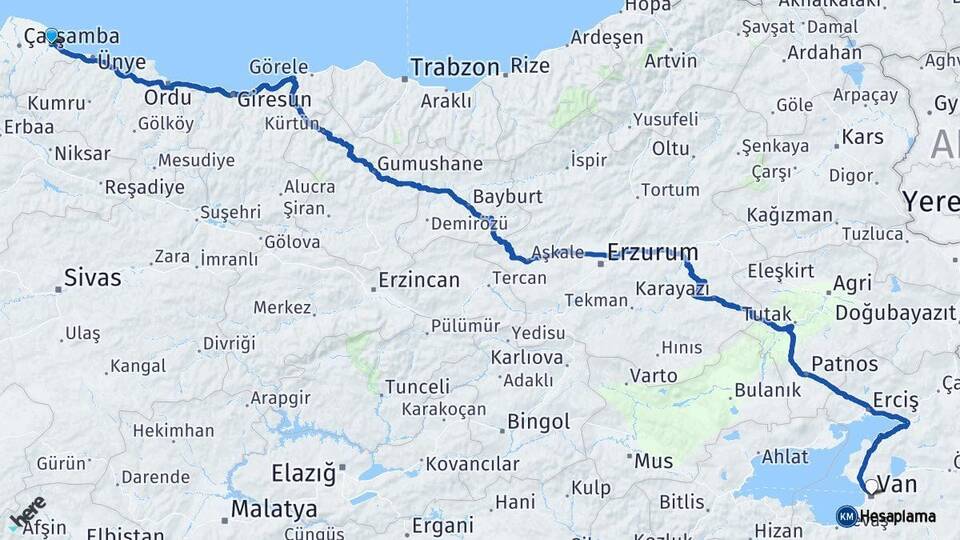 Samsun Terme Van Arası Kaç Km - Yol Haritası