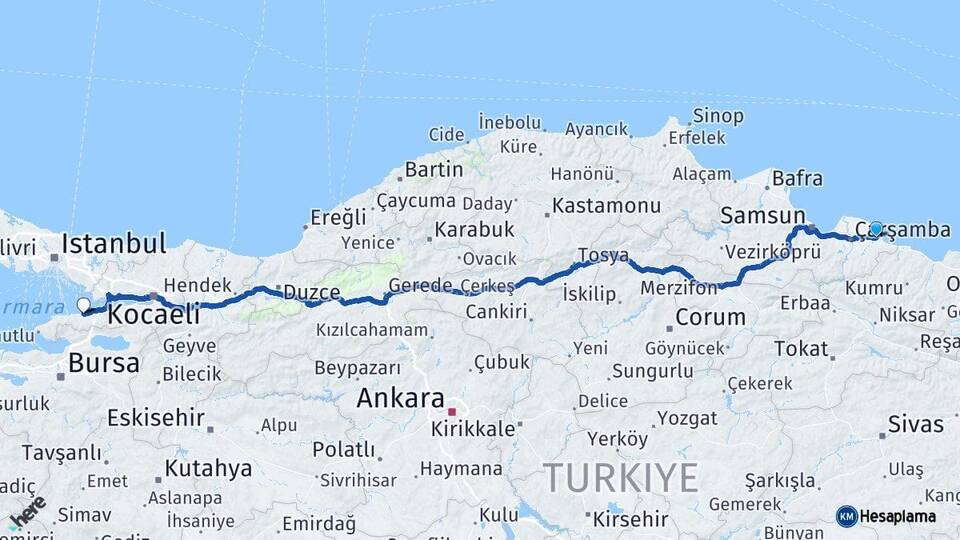 Samsun Terme Yalova Arası Kaç Km - Yol Haritası