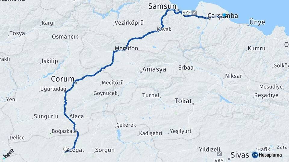 Samsun Terme Yozgat Arası Kaç Km - Yol Haritası